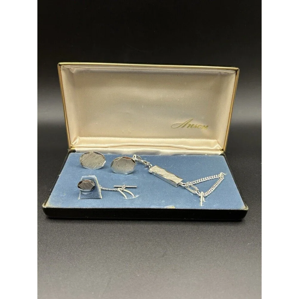 Vintage Anson Cufflinks Tie Pin Keychain Gift Set w/ Original Case Mens Formal